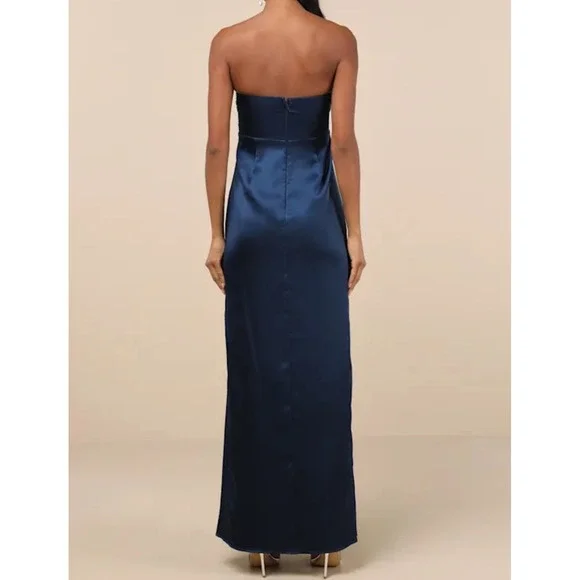 Lulus Memorable Entrance Navy Blue Satin Strapless Empire Waist Maxi Dress  sze L